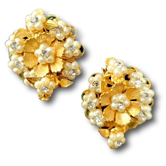 Classic Vintage 1950's Earrings Tiny Faux Pearls & Diamonds Floral Design - Picture 5 of 8